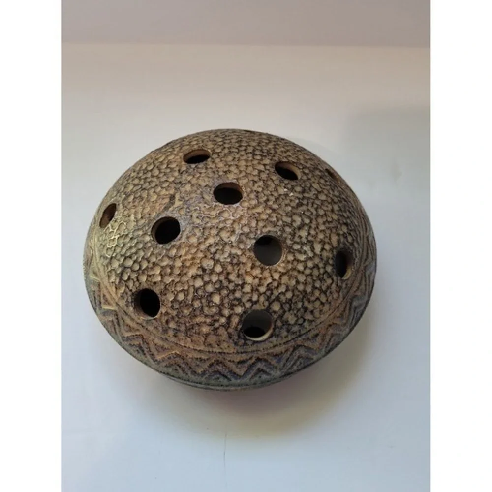 Vintage Japan Ceramic Flower Frog Dome Textured Geometric Brown Pottery Ikebana